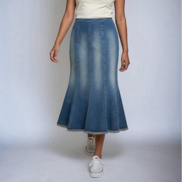 Boston Proper Midi Jean Skirt 16 Flared Mermaid Blue Stone Wash Denim Raw Hem - Picture 1 of 11